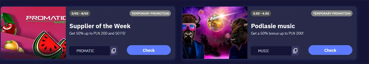 Two dark-themed “Temporary Promotion” tiles show “Supplier of the Week” and “Podlasie music” offers with dates, bonus details in PLN, themed artwork, and “Check” call-to-action buttons.