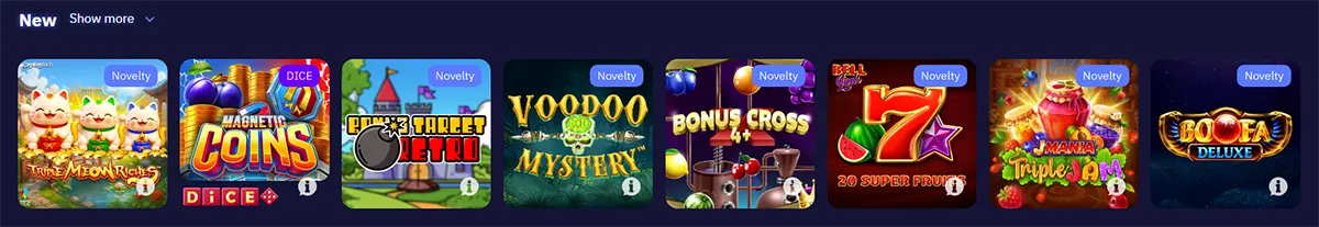 Horizontal “New” games row showing a carousel of colourful slot thumbnails (fruit, coins, mystery and “777” themes) on a dark blue casino interface, each marked with a small “Novelty” tag.